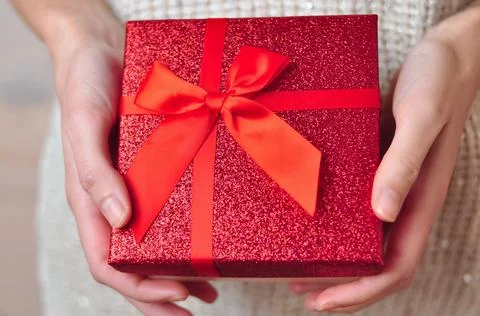 Red present box with bow. Gift for Christmas Stock Photos