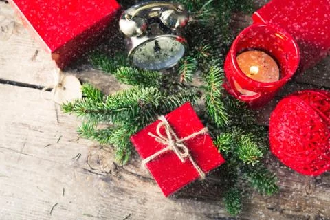 Red present box candle clock Christmas composition Stock Photos