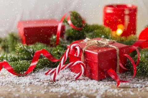 Red present box, candle clock snow Christmas Stock Photos