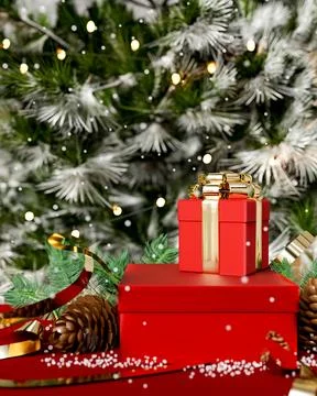 Red present gift box with golden ribbon aside pinecones and Christmas tree .. Stock Illustration