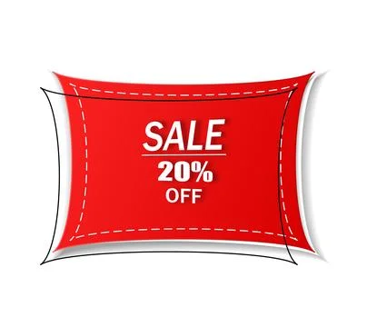 A red price tag of a distorted rectangular shape for sale on a white background. Stock Illustration