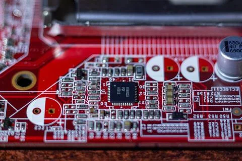 Red printed circuit board with electronic components and microchip for high Stock Photos