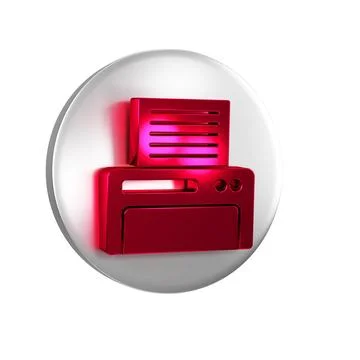 Red Printer icon isolated on transparent background. Silver circle button. Stock Illustration