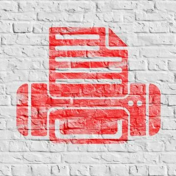 Red Printer Icon on White Brick Wall. Illustrazione stock