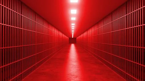 Red prison bars corridor leading to dark room with bright lights Illustration
