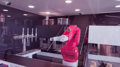 Red programmable Tesla robot, robotic mechanical arm with functions to huma.. Stock Footage 280483933