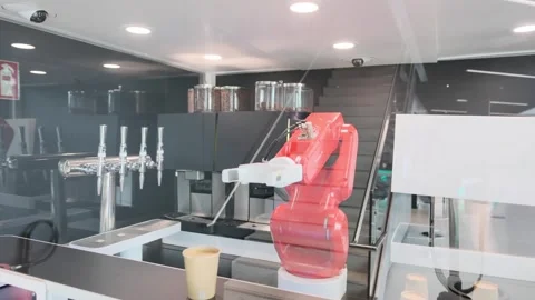Red programmable Tesla robotic mechanical arm with similar functions to hum.. Video stock 310638904
