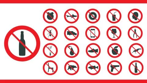 Red prohibition sign object set. Stop icon forbidden and warning informatio.. 스톡 일러스트
