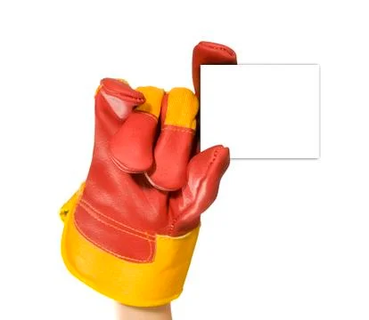 Red protective gloves holding an empty black frame for your text Stock Photos