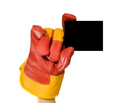 Red protective gloves holding an empty black frame for your text Stock Photos