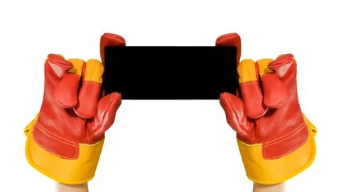Red protective gloves holding an empty black frame for your text Stock Photos