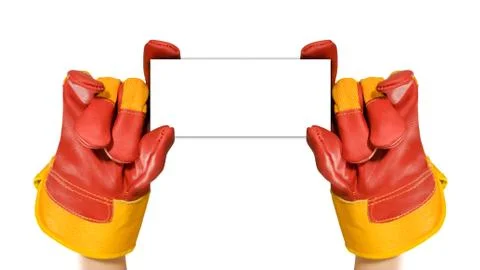 Red protective gloves holding an empty black frame for your text Foto stock