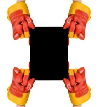 Red protective gloves holding an empty black frame for your text Foto stock