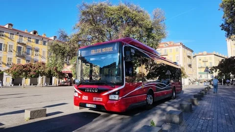 Red public transit bus stopping Stock Footage 336922386