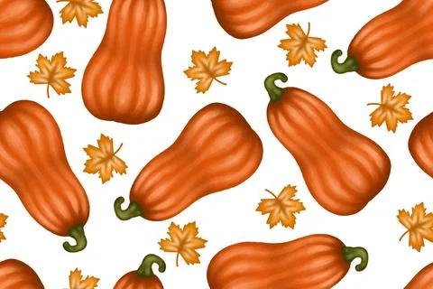 Red pumpkins and orange maple leaves autumn seamless pattern Illustrazione stock