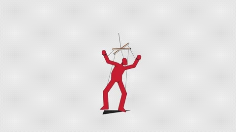 Red puppet with raised hands struggling against strings 2D character animation Stock Footage 304963317