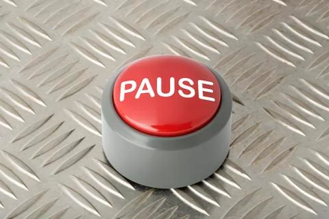 Red Push Button Labeled 'Pause' on Aluminum Diamond Plate Background Foto stock