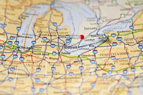 Red push pin on map Stock Photos