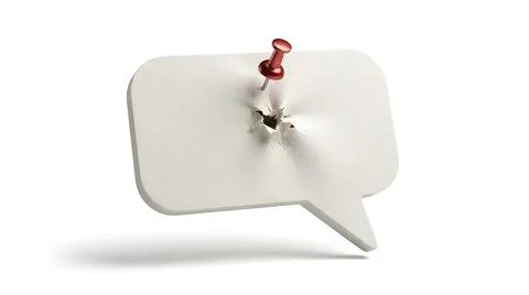 Red push pin stuck in a white speech bubble icon on a white background Stock Photos