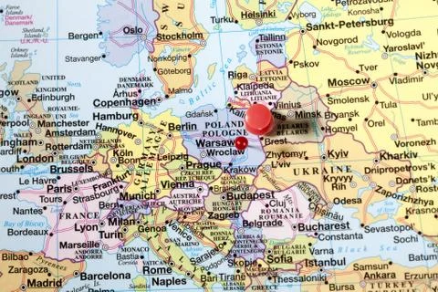 Red push pins on map Stock Photos