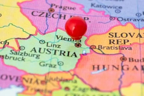 Red pushpin on map on austria Stock Photos