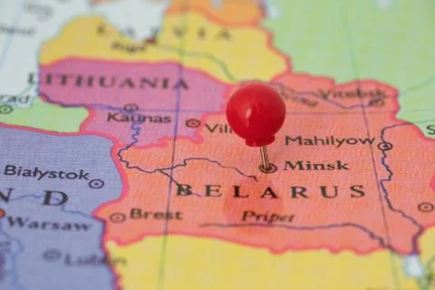 Red pushpin on map of belarus Stock Photos