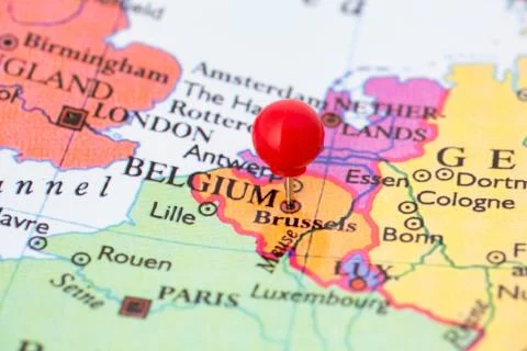 Red pushpin on map of belgium Stock Photos