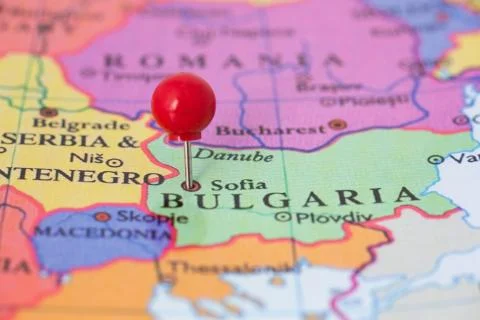 Red pushpin on map of bulgaria Stock Photos