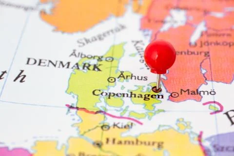 Red pushpin on map of denmark Stock Photos