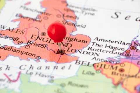 Red pushpin on map of england Stock Photos