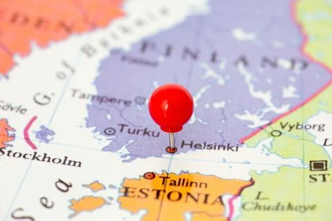 Red pushpin on map of finland Stock Photos