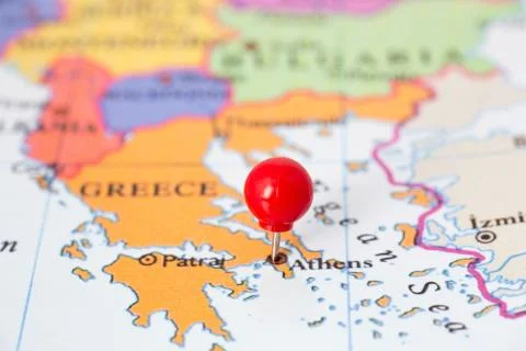 Red pushpin on map of greece Stock Photos