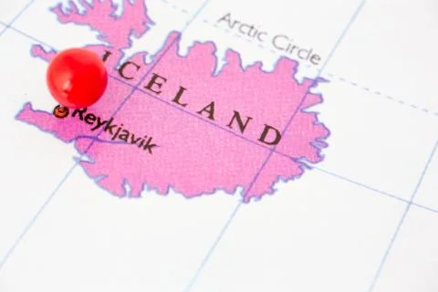 Red pushpin on map of iceland Stock Photos