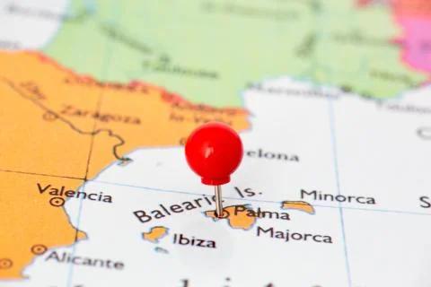 Red pushpin on map of majorca Stock Photos