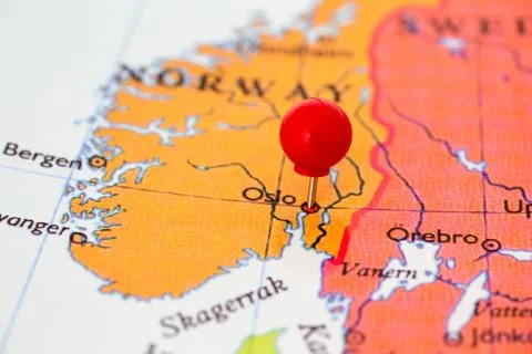 Red pushpin on map of norway Stock Photos