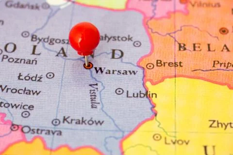 Red pushpin on map on poland Stock Photos