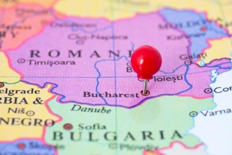 Red pushpin on map of romania Stock Photos