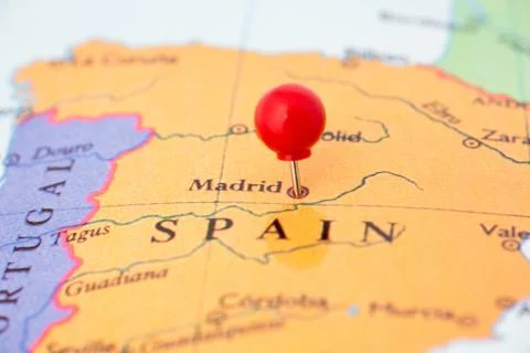 Red pushpin on map of spain Stock Photos