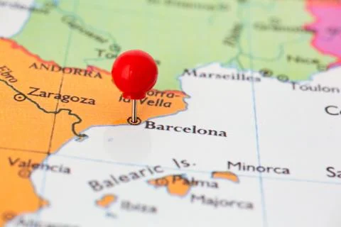 Red pushpin on map of spain Stock Photos