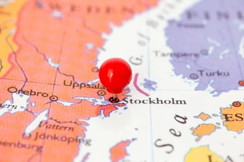 Red pushpin on map of sweden Stock Photos