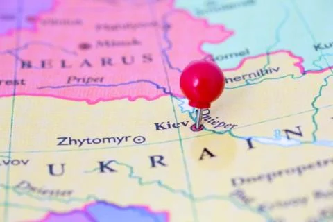 Red pushpin on map of ukraine Stock Photos