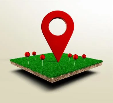 Red pushpin, navigation symbol. Red navigator pin on Square of green grass .. 스톡 일러스트