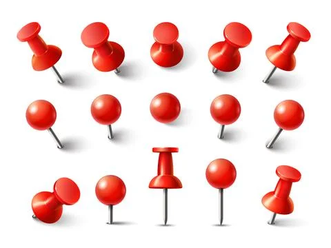 Red pushpin top view. Thumbtack for note attach collection. Realistic 3d pu.. Illustrazione stock