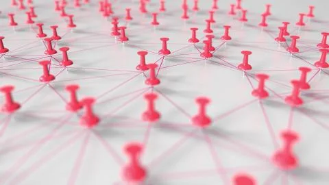 Red pushpins and network model on a pinboard. 3D rendering Stock Illustration