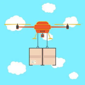 Red quadrocopter with cargo in the sky Stock Illustration