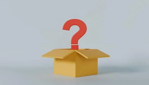 Red question mark emerges from inside an open yellow cardboard box open box Stock Photos
