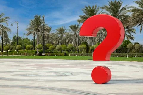 Red Question Mark in Empty City Street with Palm Trees. 3d Rendering Ilustración de archivo