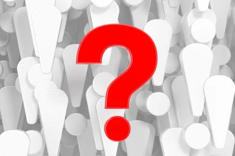 Red Question Mark in Front of A Lot of White Exclamation Marks Background. 3d Stock Illustration