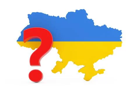 Red Question Mark in Front of Ukraine Map with Flag. 3d Rendering Stock Photos