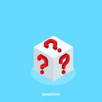 Red question marks on the sides of the white cube, isometric image Stock Illustration